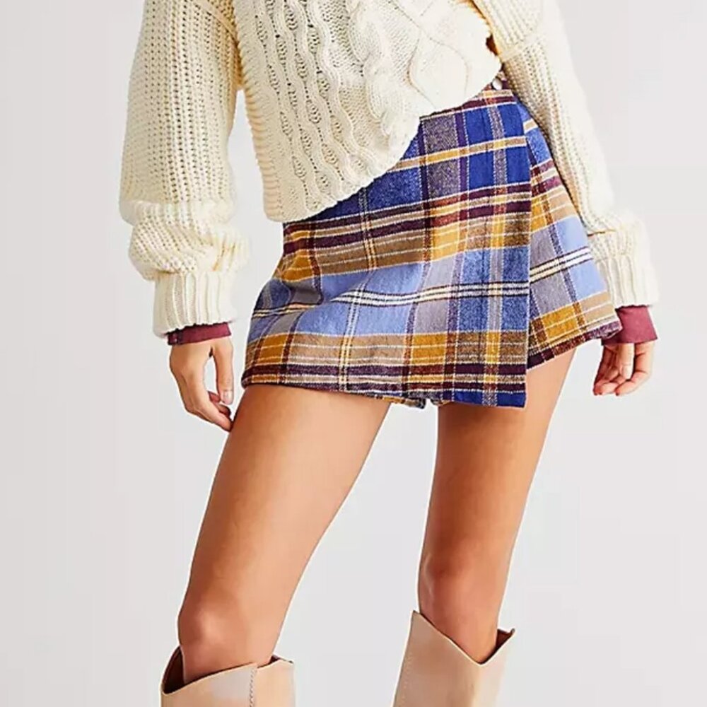 NEW Free People Emmy Mini Menswear Skort in Blue Combo, Size 8 (Medium)